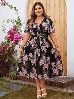 Midi Jurk met V-hals en Bloemenprint - Group11 - Jurkjes.co