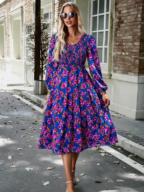 Midi Jurk met V-hals en Bloemenprint - Group3 - Jurkjes.co