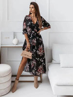 Midi Jurk met V-hals en Bloemenprint - Maxi Dresses - Jurkjes.co