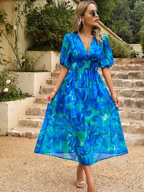 Midi Jurk met V-hals en Bloemenprint - Maxi Dresses - Jurkjes.co