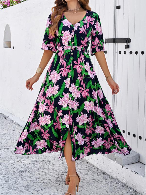 Midi Jurk met V-hals en Bloemenprint - Maxi Dresses - Jurkjes.co