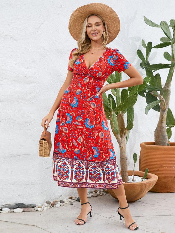 Midi Jurk met V-hals en Bloemenprint - Midi Dresses - Jurkjes.co