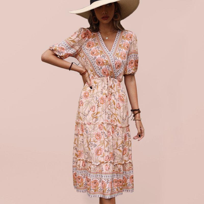 Midi Jurk met V-hals en Bloemenprint - Midi Dresses - Jurkjes.co