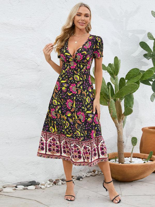 Midi Jurk met V-hals en Bloemenprint - Midi Dresses - Jurkjes.co