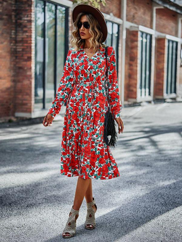 Midi Jurk met V-hals en Bloemenprint - Midi Dresses - Jurkjes.co
