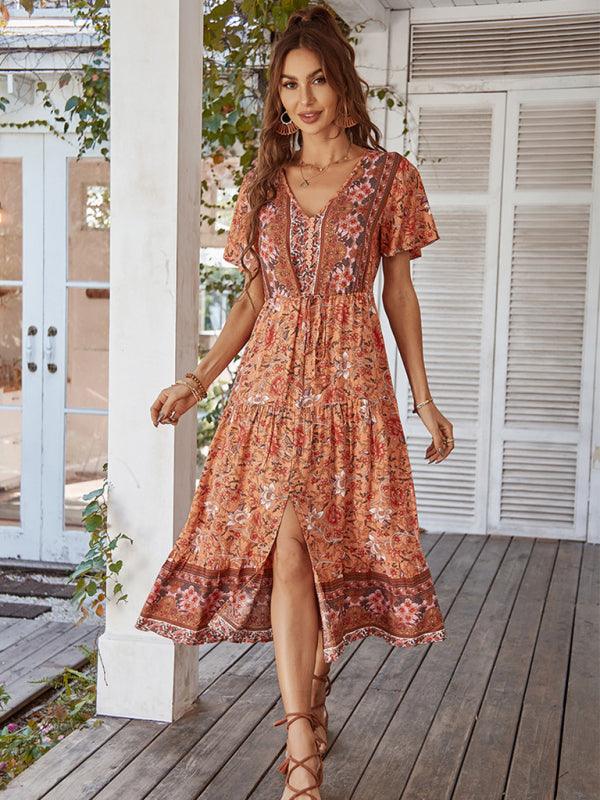 Midi Jurk met V-hals en Bloemenprint - Midi Dresses - Jurkjes.co