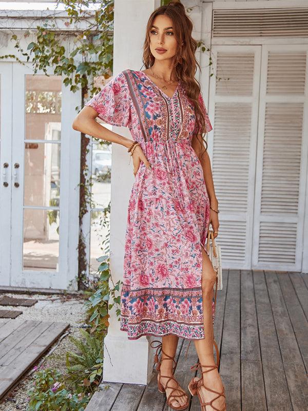 Midi Jurk met V-hals en Bloemenprint - Midi Dresses - Jurkjes.co