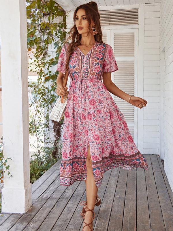 Midi Jurk met V-hals en Bloemenprint - Midi Dresses - Jurkjes.co