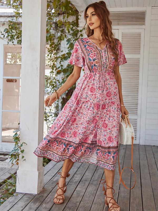 Midi Jurk met V-hals en Bloemenprint - Midi Dresses - Jurkjes.co