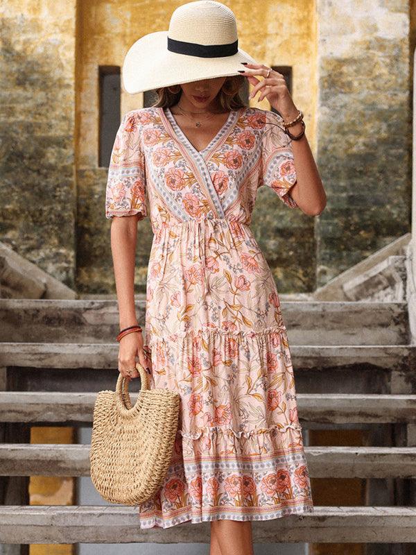 Midi Jurk met V-hals en Bloemenprint - Midi Dresses - Jurkjes.co