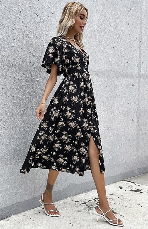 Midi Jurk met V-hals en Bloemenprint - Midi Dresses - Jurkjes.co