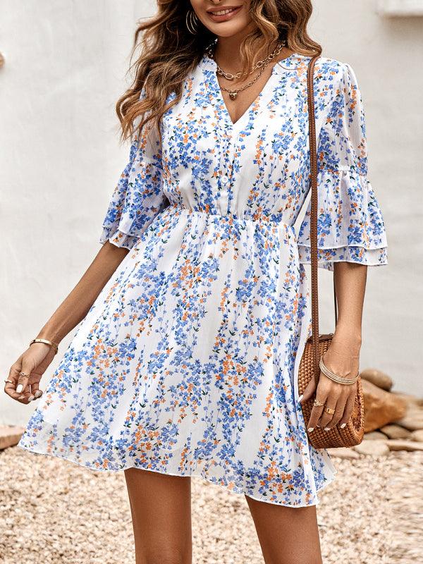 Midi Jurk met V-hals en Bloemenprint - Midi Dresses - Jurkjes.co