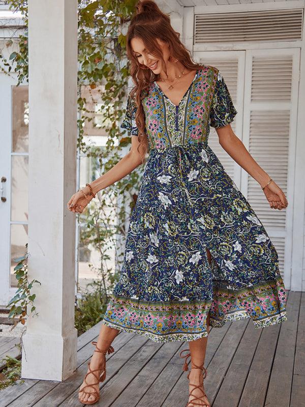 Midi Jurk met V-hals en Bloemenprint - Midi Dresses - Jurkjes.co