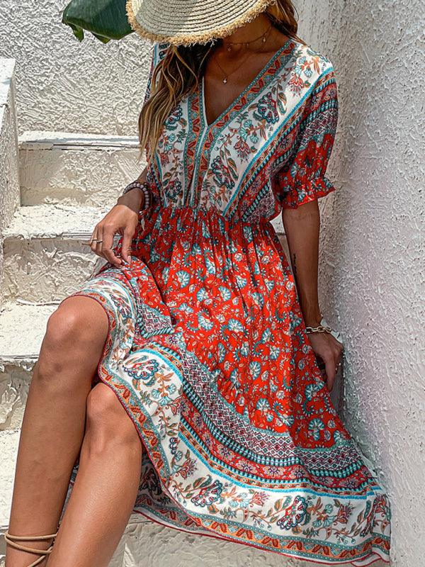 Midi Jurk met V-hals en Bloemenprint - Midi Dresses - Jurkjes.co