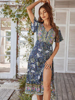 Midi Jurk met V-hals en Bloemenprint - Midi Dresses - Jurkjes.co