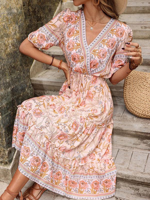 Midi Jurk met V-hals en Bloemenprint - Midi Dresses - Jurkjes.co