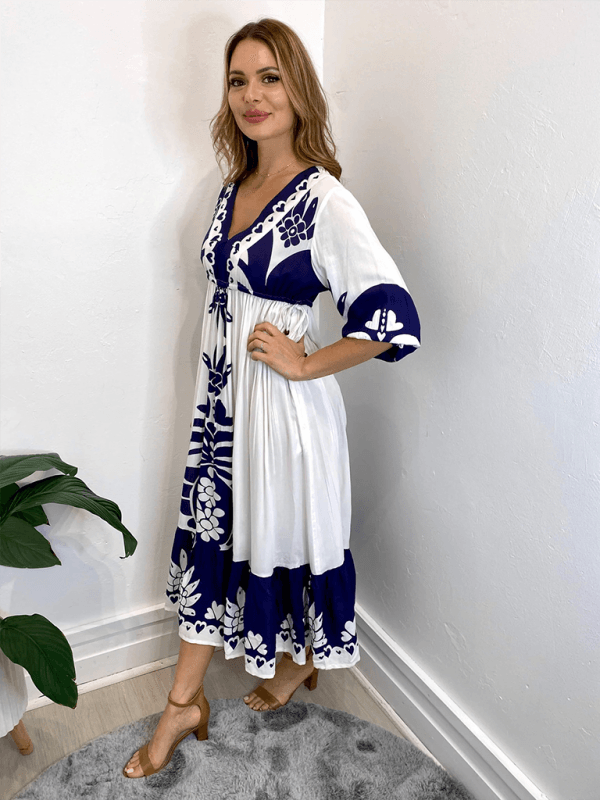 Midi Jurk met V-hals en Bloemenprint - Midi Dresses - Jurkjes.co