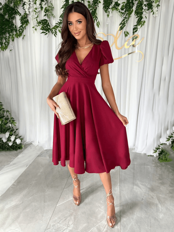 Midi Jurk met V-hals en Bolle Mouwen - Midi Dresses - Jurkjes.co