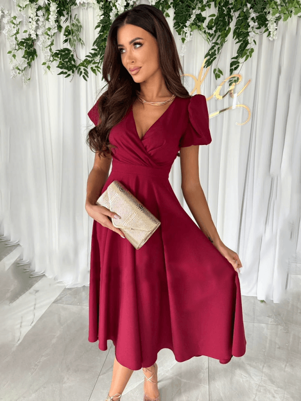 Midi Jurk met V-hals en Bolle Mouwen - Midi Dresses - Jurkjes.co