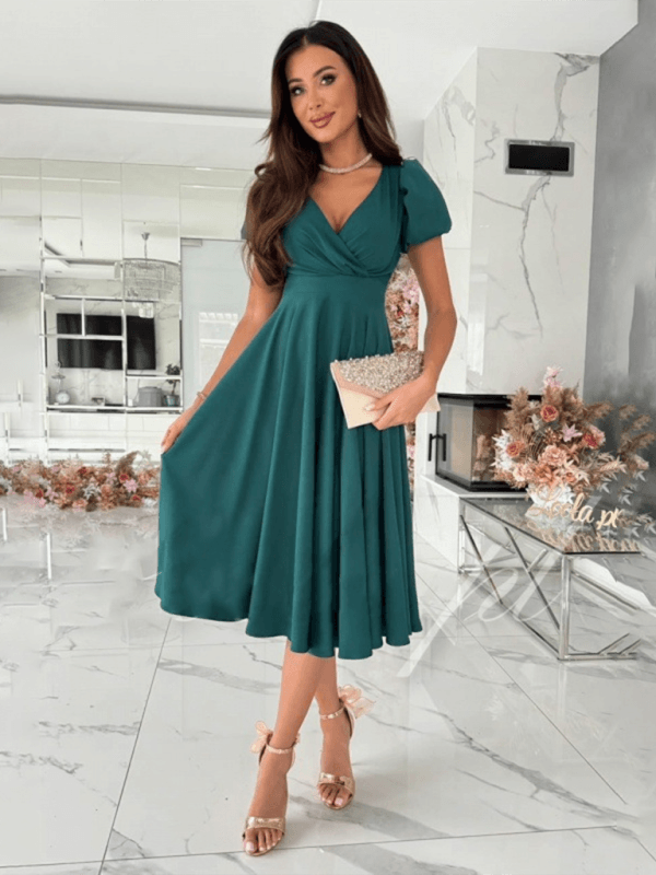 Midi Jurk met V-hals en Bolle Mouwen - Midi Dresses - Jurkjes.co