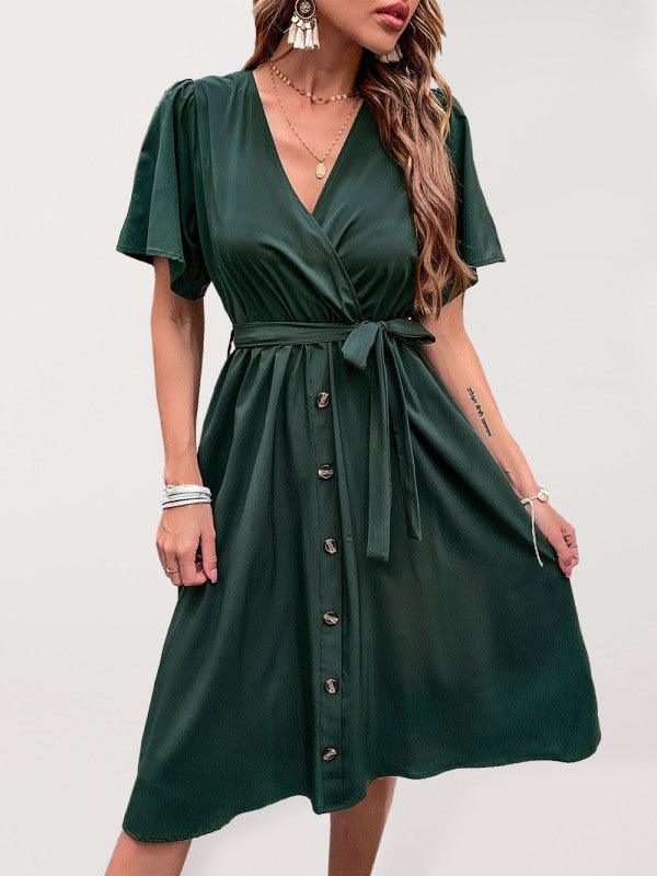 Midi Jurk met V-hals en Ceintuur - Midi Dresses - Jurkjes.co
