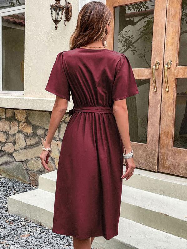 Midi Jurk met V-hals en Ceintuur - Midi Dresses - Jurkjes.co