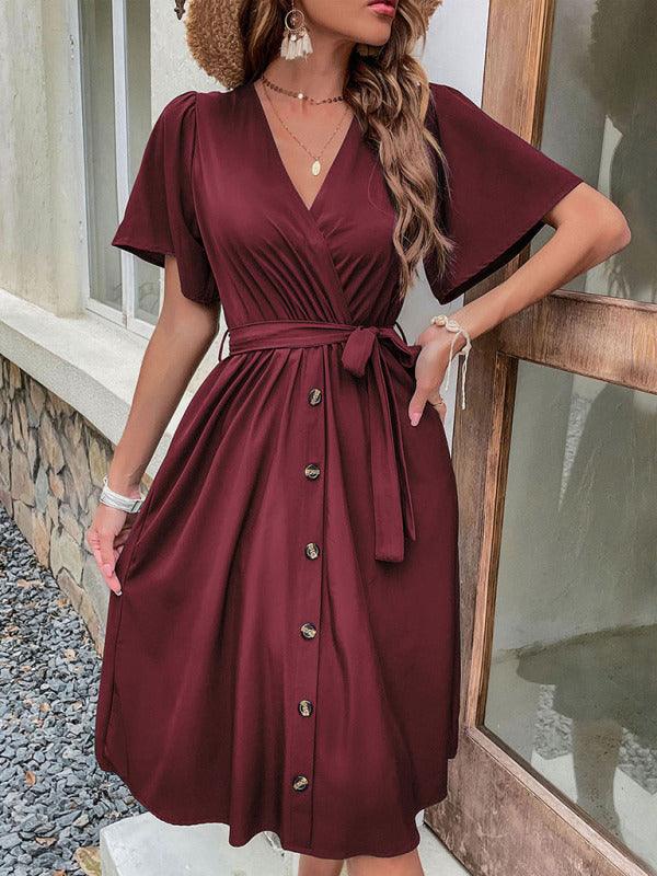 Midi Jurk met V-hals en Ceintuur - Midi Dresses - Jurkjes.co