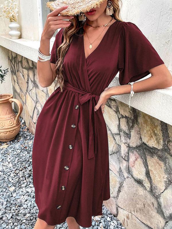 Midi Jurk met V-hals en Ceintuur - Midi Dresses - Jurkjes.co