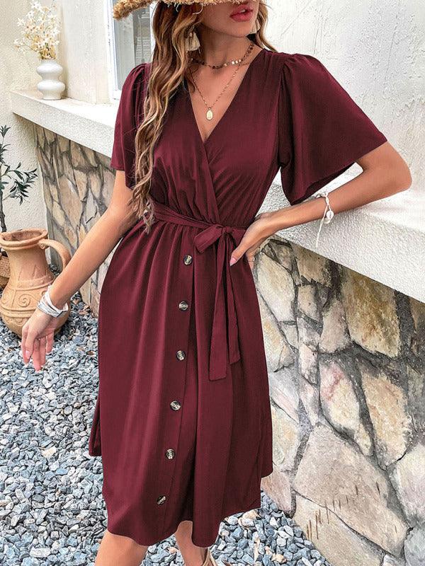 Midi Jurk met V-hals en Ceintuur - Midi Dresses - Jurkjes.co