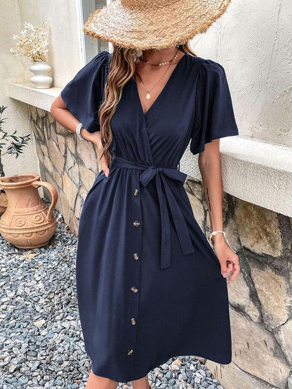 Midi Jurk met V-hals en Ceintuur - Midi Dresses - Jurkjes.co