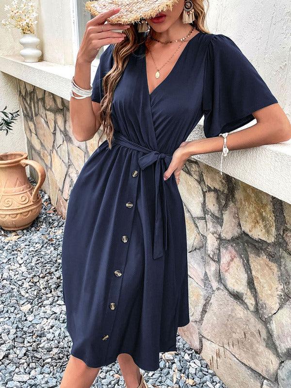 Midi Jurk met V-hals en Ceintuur - Midi Dresses - Jurkjes.co