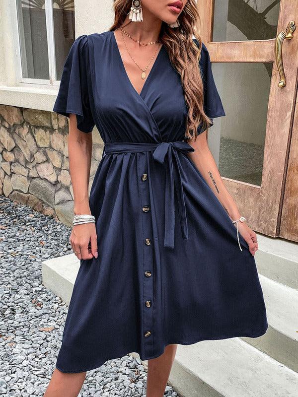 Midi Jurk met V-hals en Ceintuur - Midi Dresses - Jurkjes.co