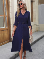 Midi Jurk met V-hals en Ceintuur - Midi Dresses - Jurkjes.co