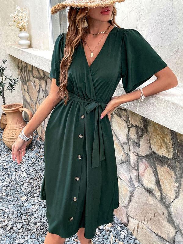 Midi Jurk met V-hals en Ceintuur - Midi Dresses - Jurkjes.co