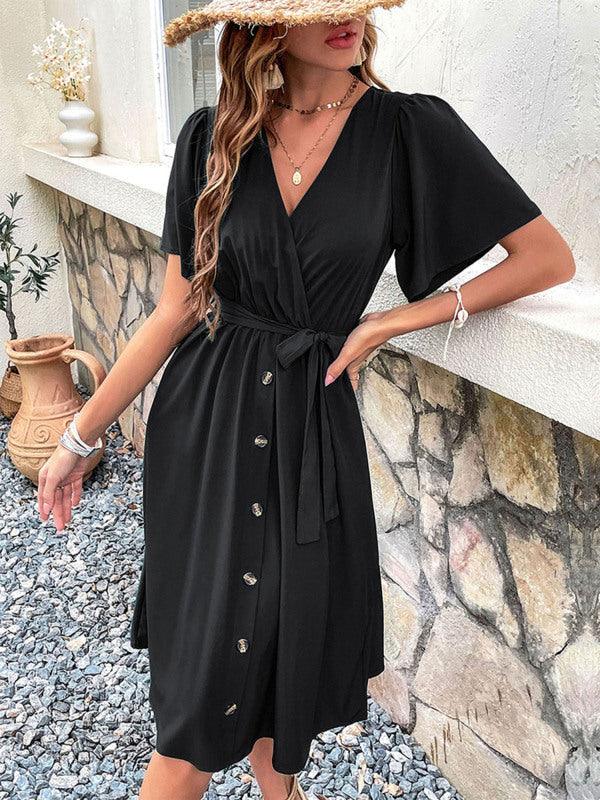 Midi Jurk met V-hals en Ceintuur - Midi Dresses - Jurkjes.co