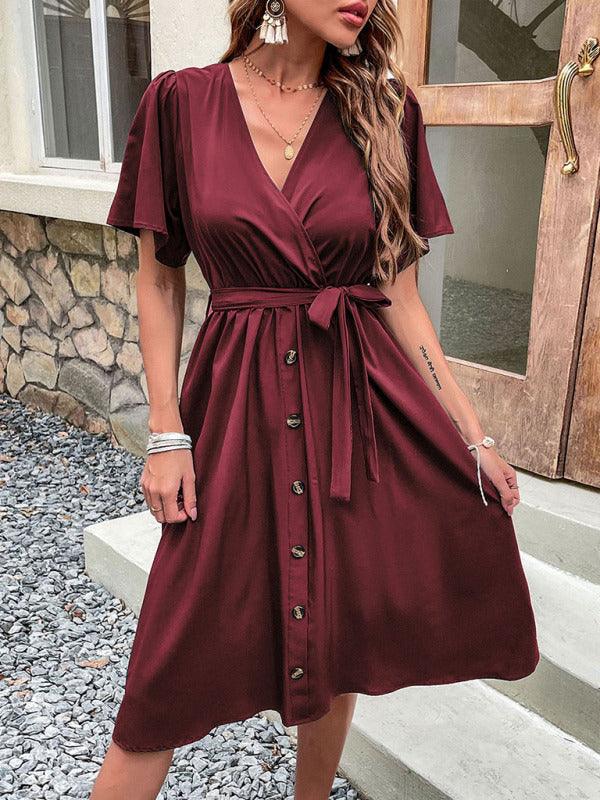 Midi Jurk met V-hals en Ceintuur - Midi Dresses - Jurkjes.co