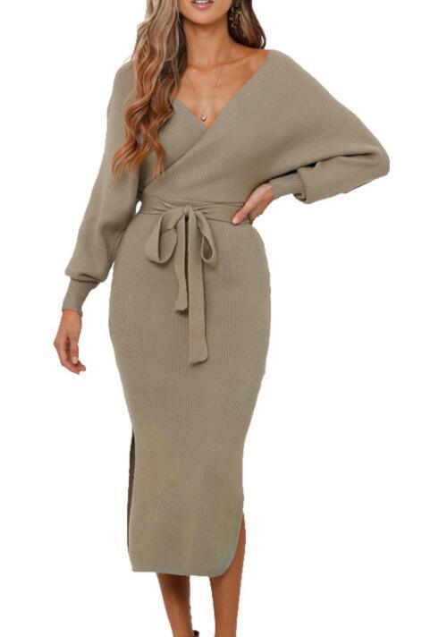 Midi Jurk met V-hals en Ceintuurtje - Midi Dresses - Jurkjes.co