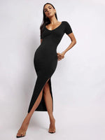 Midi Jurk met V-hals en Effen Design - Midi Dresses - Jurkjes.co