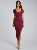 Midi Jurk met V-hals en Effen Design - Midi Dresses - Jurkjes.co