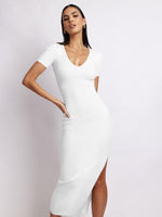 Midi Jurk met V-hals en Effen Design - Midi Dresses - Jurkjes.co