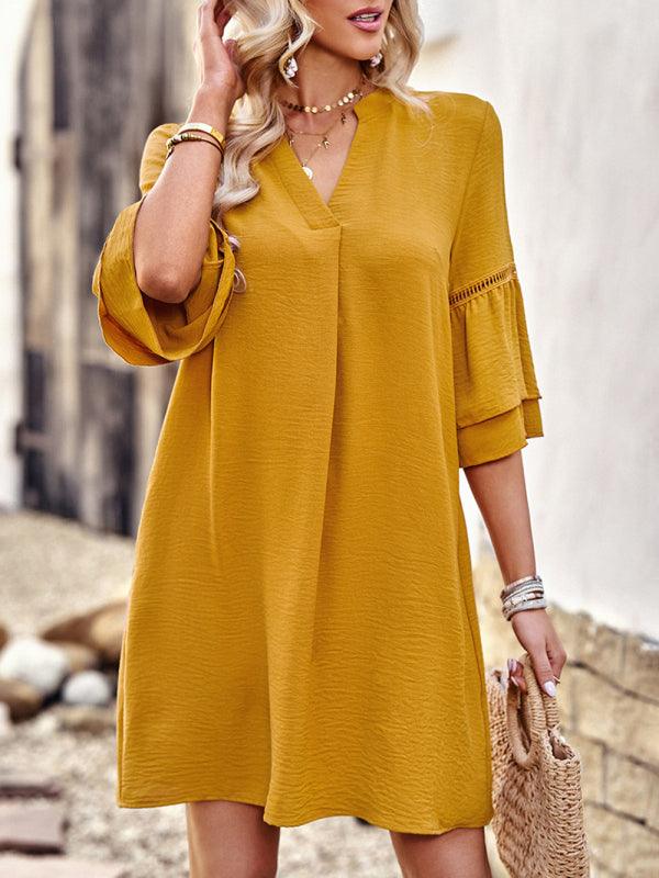 Midi Jurk met V-hals en Effen Kleur - Mini Dresses - Jurkjes.co