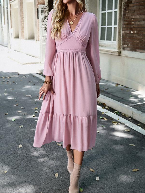 Midi Jurk met V-hals en Effen Ontwerp - Group3 - Jurkjes.co