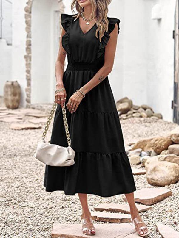 Midi Jurk met V-hals en Gelaagde Plooien - Midi Dresses - Jurkjes.co