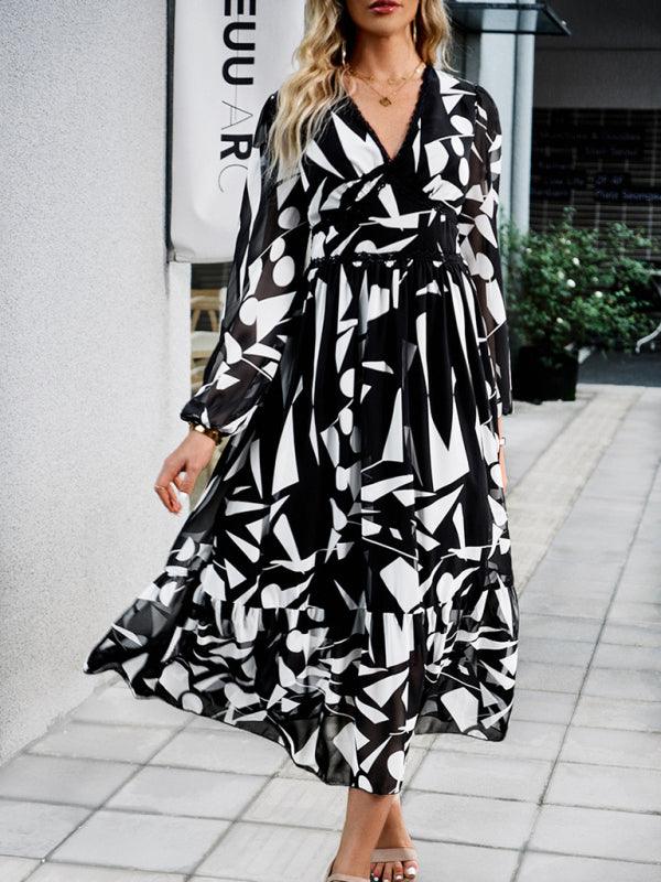 Midi Jurk met V-hals en Geometrisch Design - Group9 - Jurkjes.co