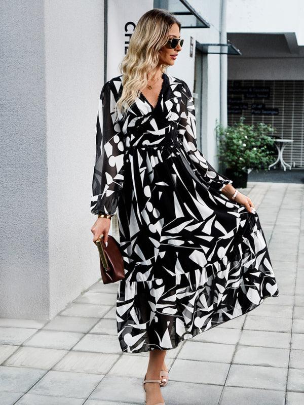 Midi Jurk met V-hals en Geometrisch Design - Group9 - Jurkjes.co