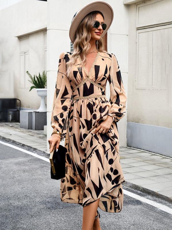 Midi Jurk met V-hals en Geometrisch Design - Group9 - Jurkjes.co