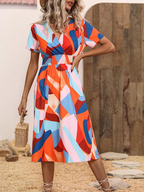 Midi Jurk met V-hals en Geometrisch Design - Midi Dresses - Jurkjes.co