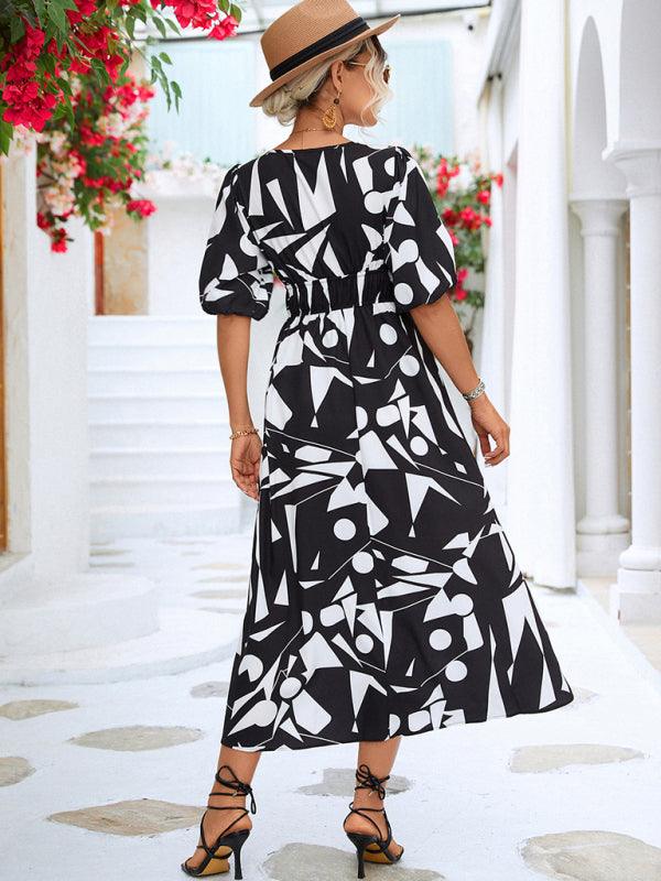 Midi Jurk met V-hals en Geometrisch Design - Midi Dresses - Jurkjes.co