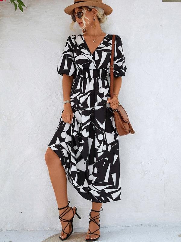 Midi Jurk met V-hals en Geometrisch Design - Midi Dresses - Jurkjes.co