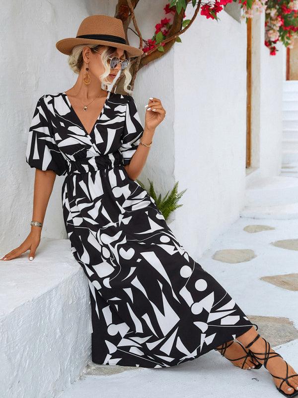 Midi Jurk met V-hals en Geometrisch Design - Midi Dresses - Jurkjes.co